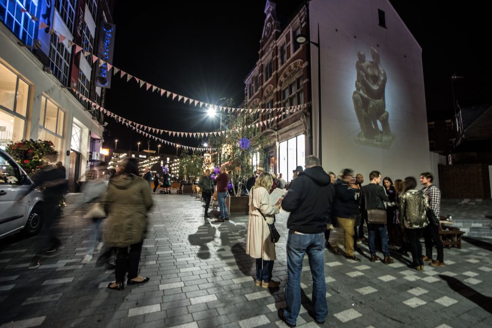 Image of Henry Moore's 'Mother & Child' projected onto the culture wall at the launch of the public realm arts project.