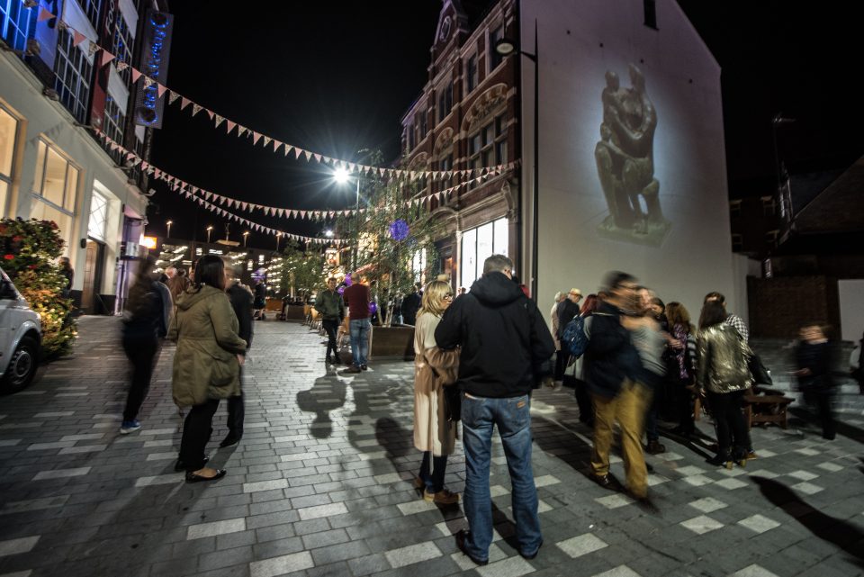 Image of Henry Moore's 'Mother & Child' projected onto the culture wall at the launch of the public realm arts project.