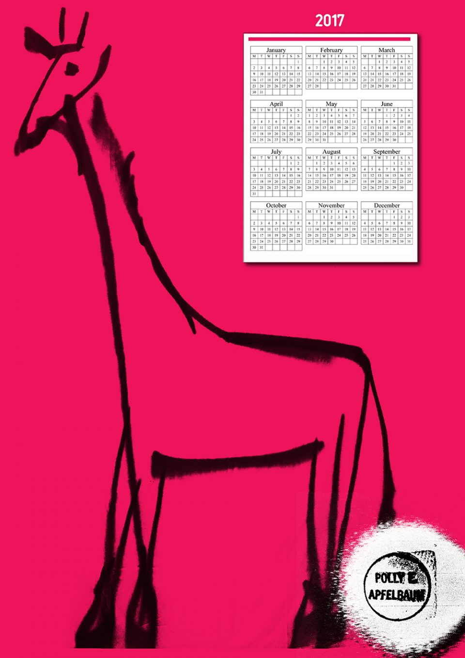 Line drawing of giraffe on pink background with calendar in top right-hand corner.
